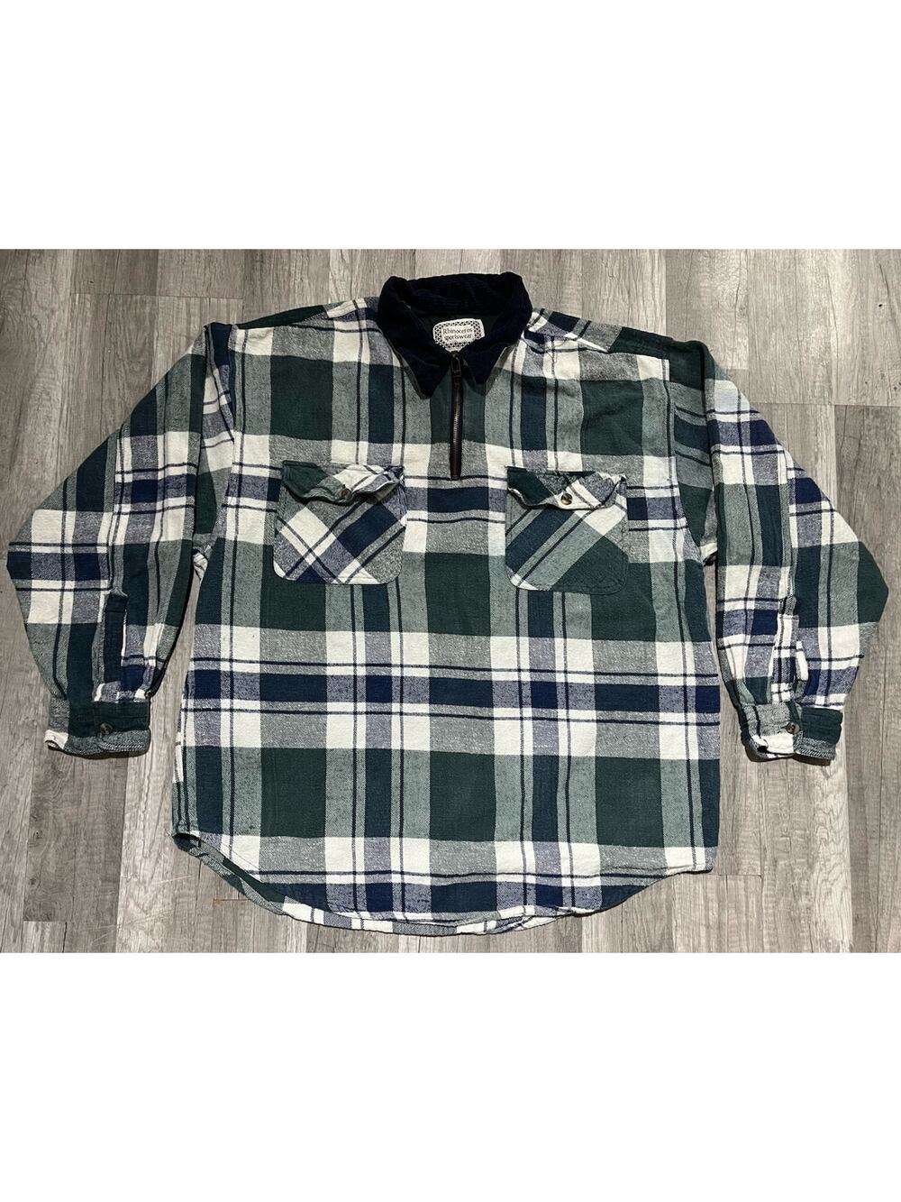 Vintage Rhinoceros Sportswear Flannel Size XL Dark Green Plaid Quarter Zip